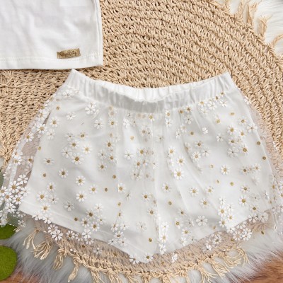 Conj. Blusa Flores e Saia em Tule Margaridas - Off White Conj. Blusa Flores e Saia em Tule Margaridas - Off White